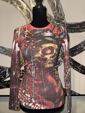 Sinful Long Sleeve Tee with Red and Brown Skull Graphic
